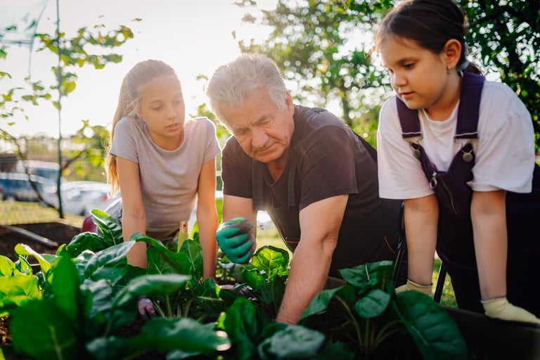 Family bonding while gardening together in warm sunlight