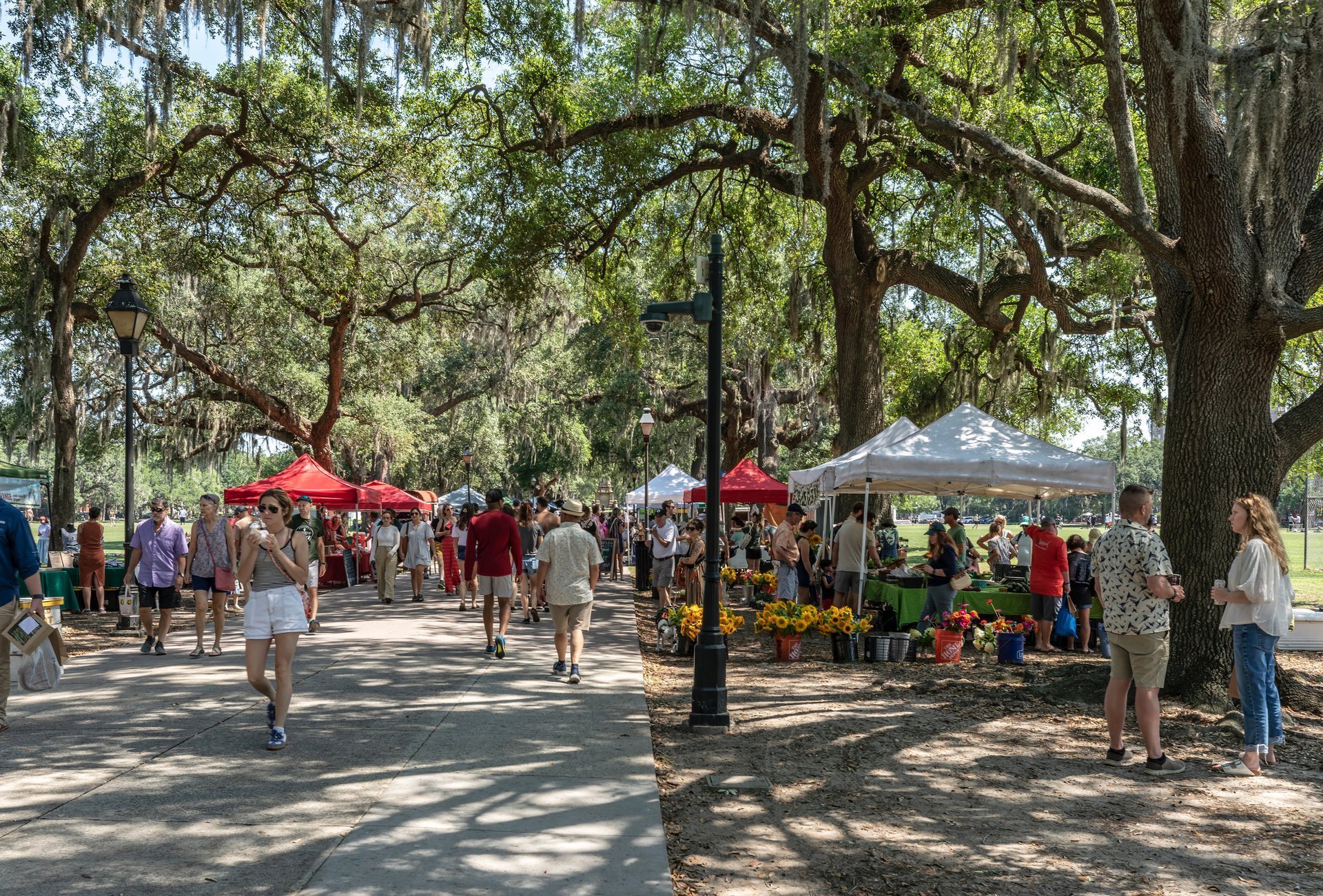 Savannah Farmers Market Under Live Oak Trees with Vendor Tents